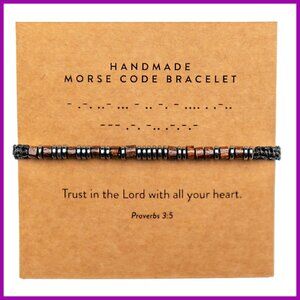 Handmade Adjustable Morse Code Bracelet Wood Hematite Beads Religious Gift